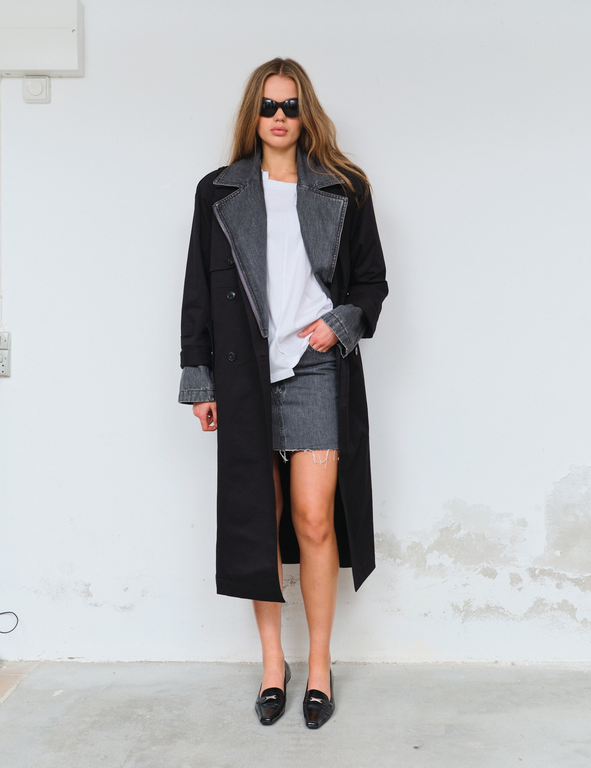 Dylan Biker Trench Black/Grey Denim