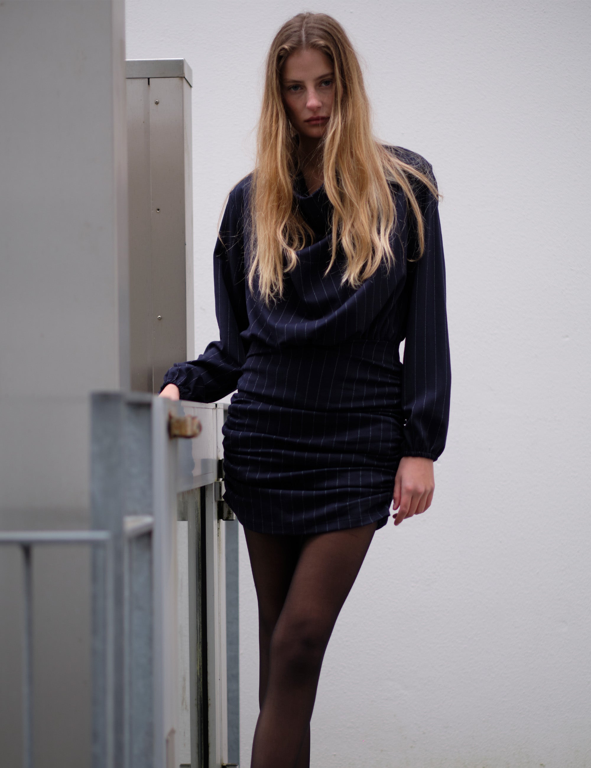 Rosie Short Dress Navy/White Pinstripe