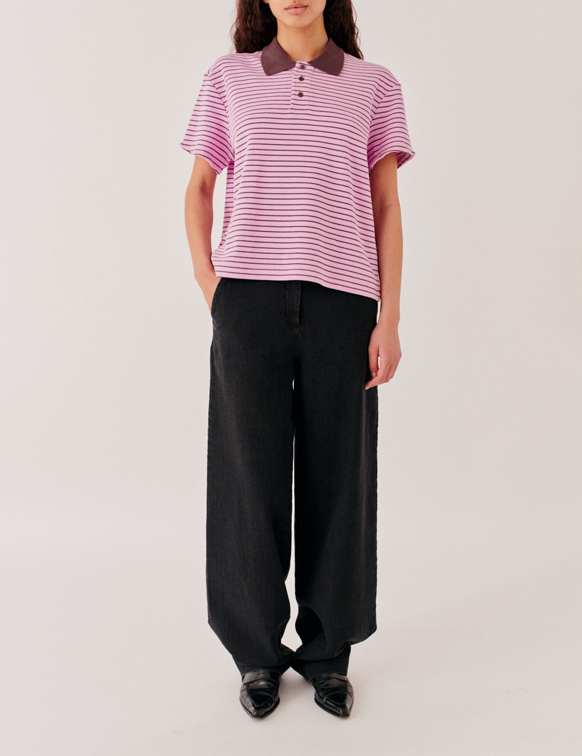 Emma Polo Tee Pastel Pink/Brown Stripes