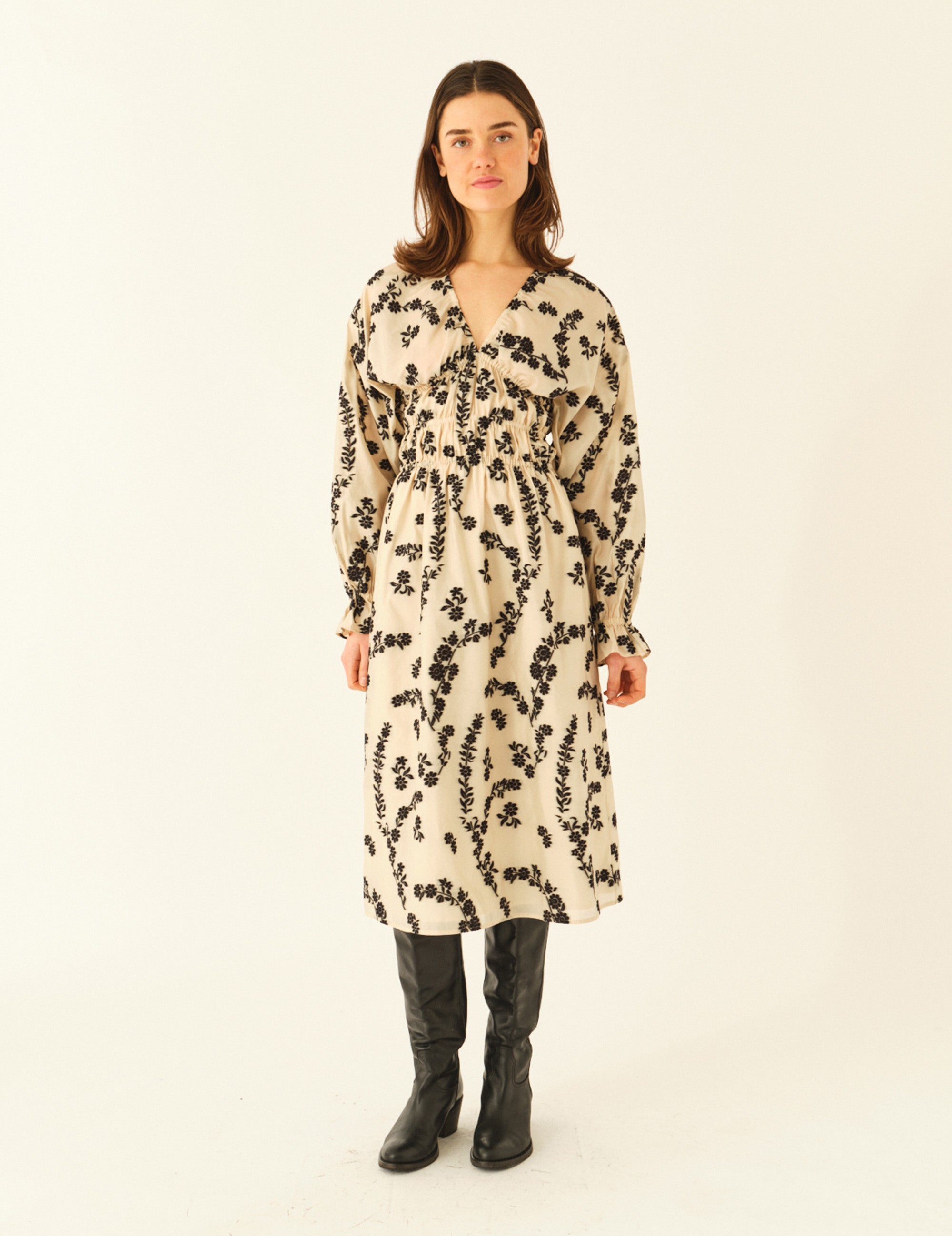 Nat Dress Ecru/Black Floral Jaquard