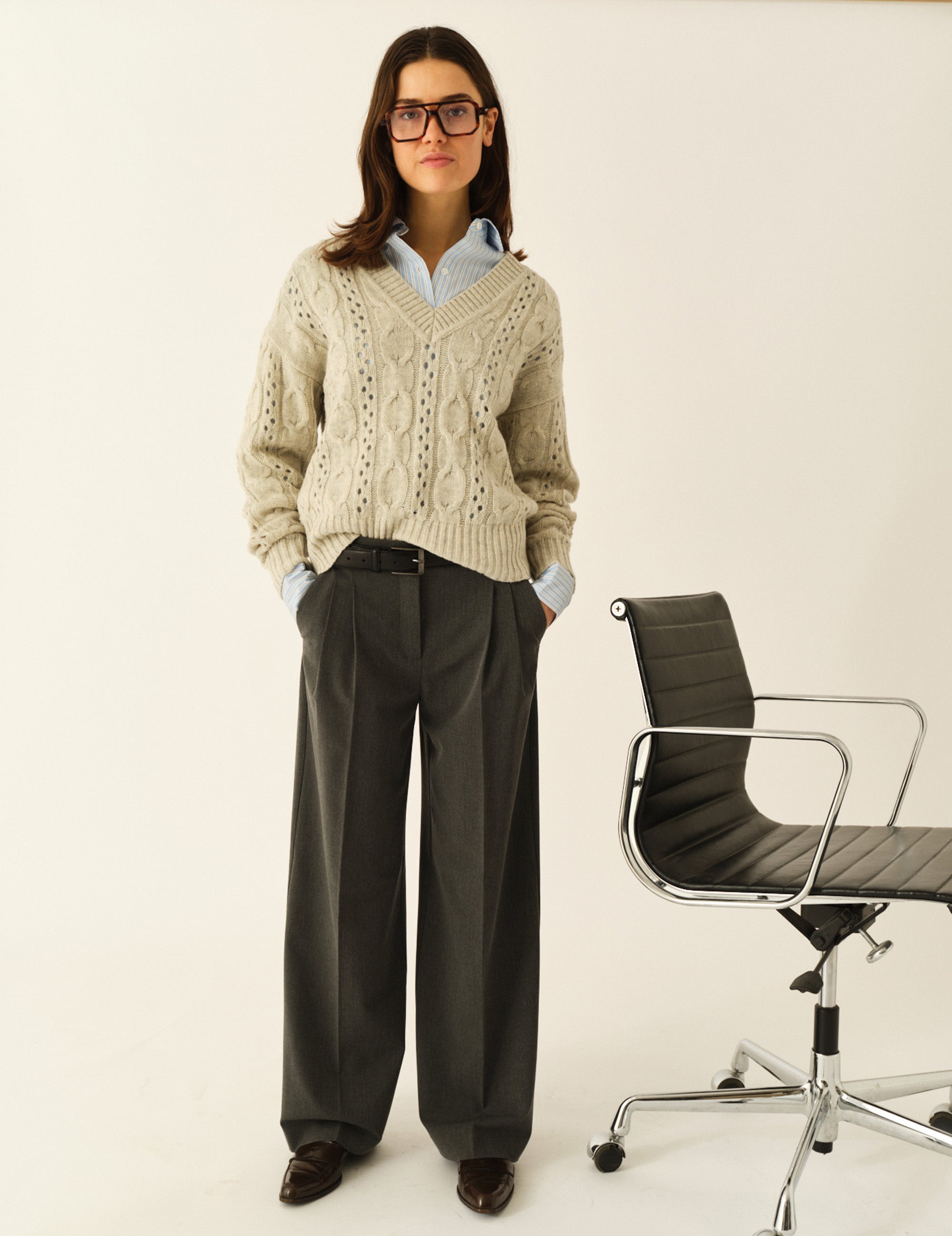 Daze Cable V-Neck Oatmeal