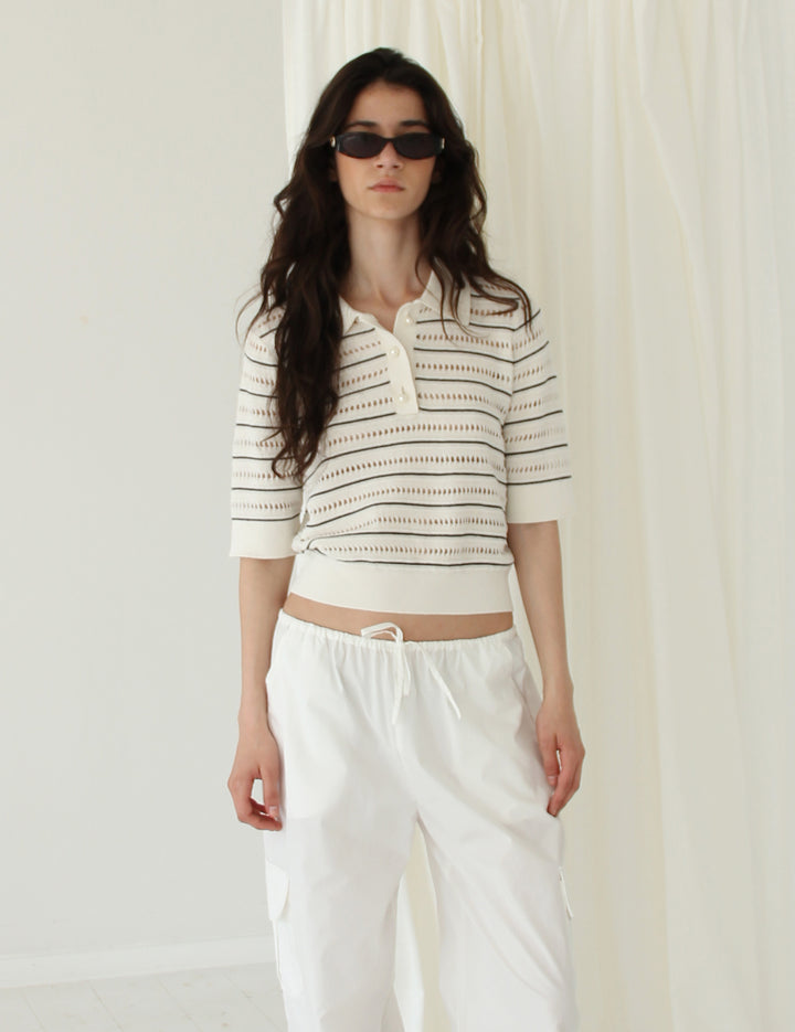 Taliana Stripe Polo Tee Cream Black Stripes XS / Cream Black Stripes